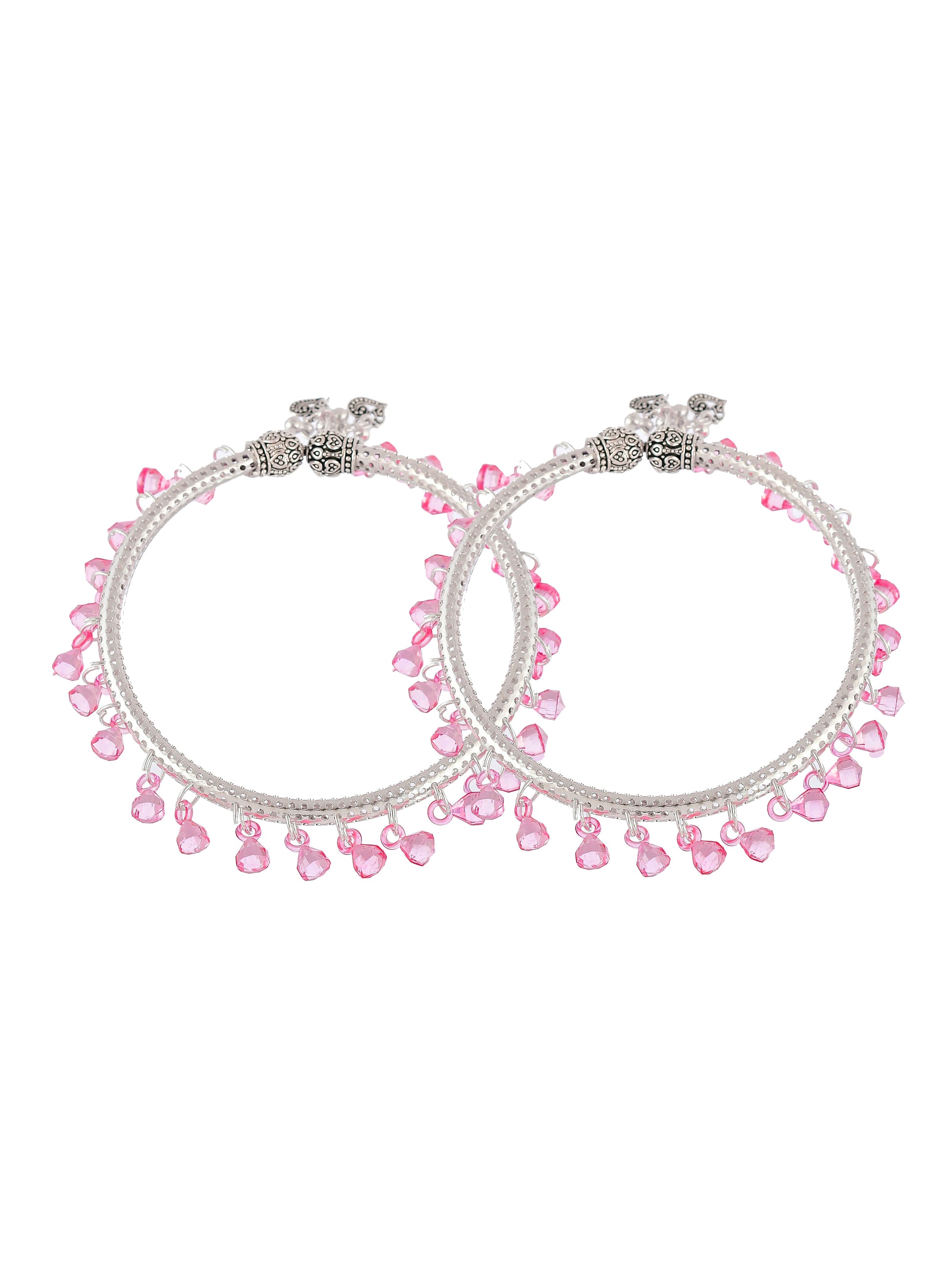 Set Of 2 Silver Plated Pink Beaded Kada Anklets