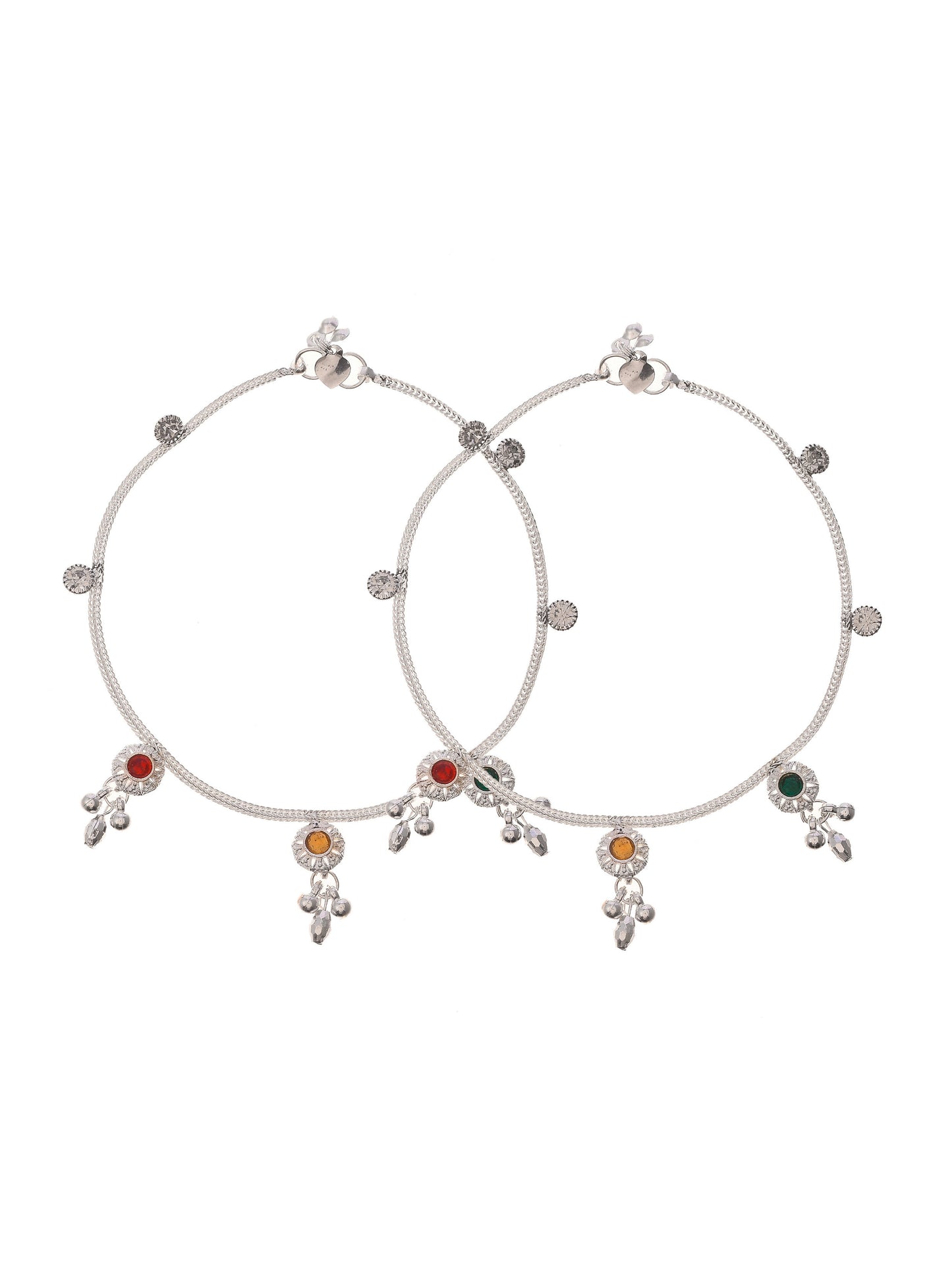 Silver Plated Kolusu Ethnic Stone Dubbed Anklets for Women