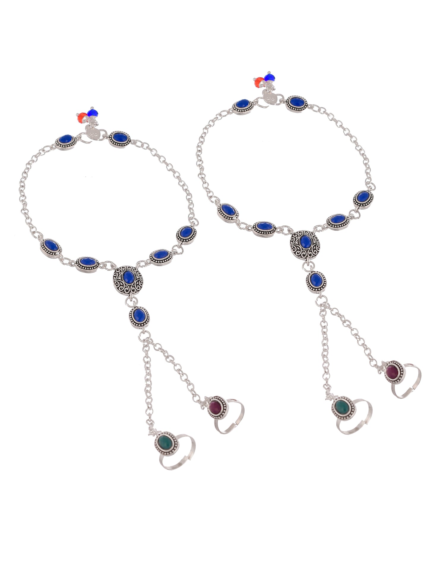 Oxidised Silver Anklet with chained double toe ring