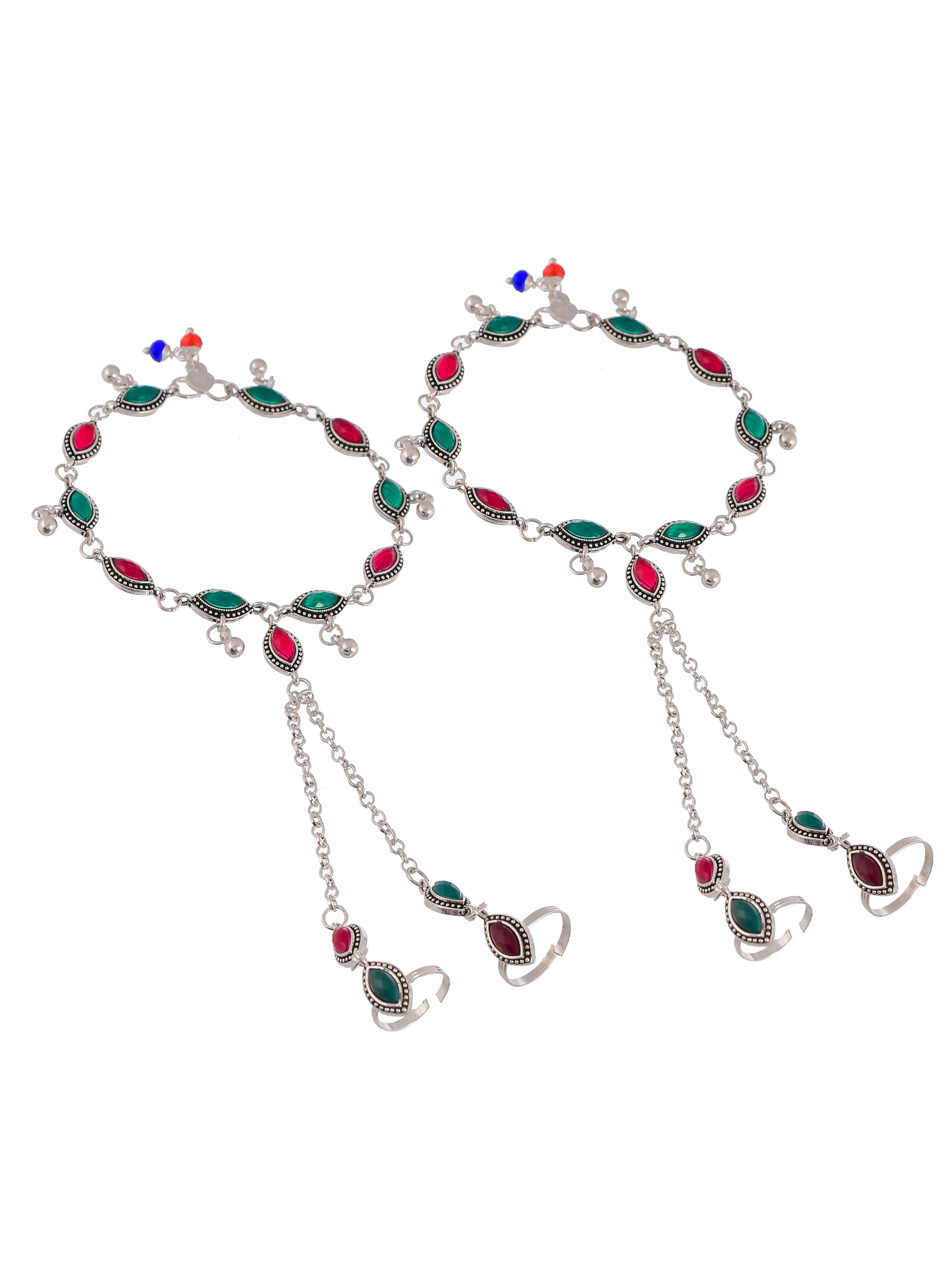 Set Of 2 Silver Plated Red Stone Studded Beaded Anklets