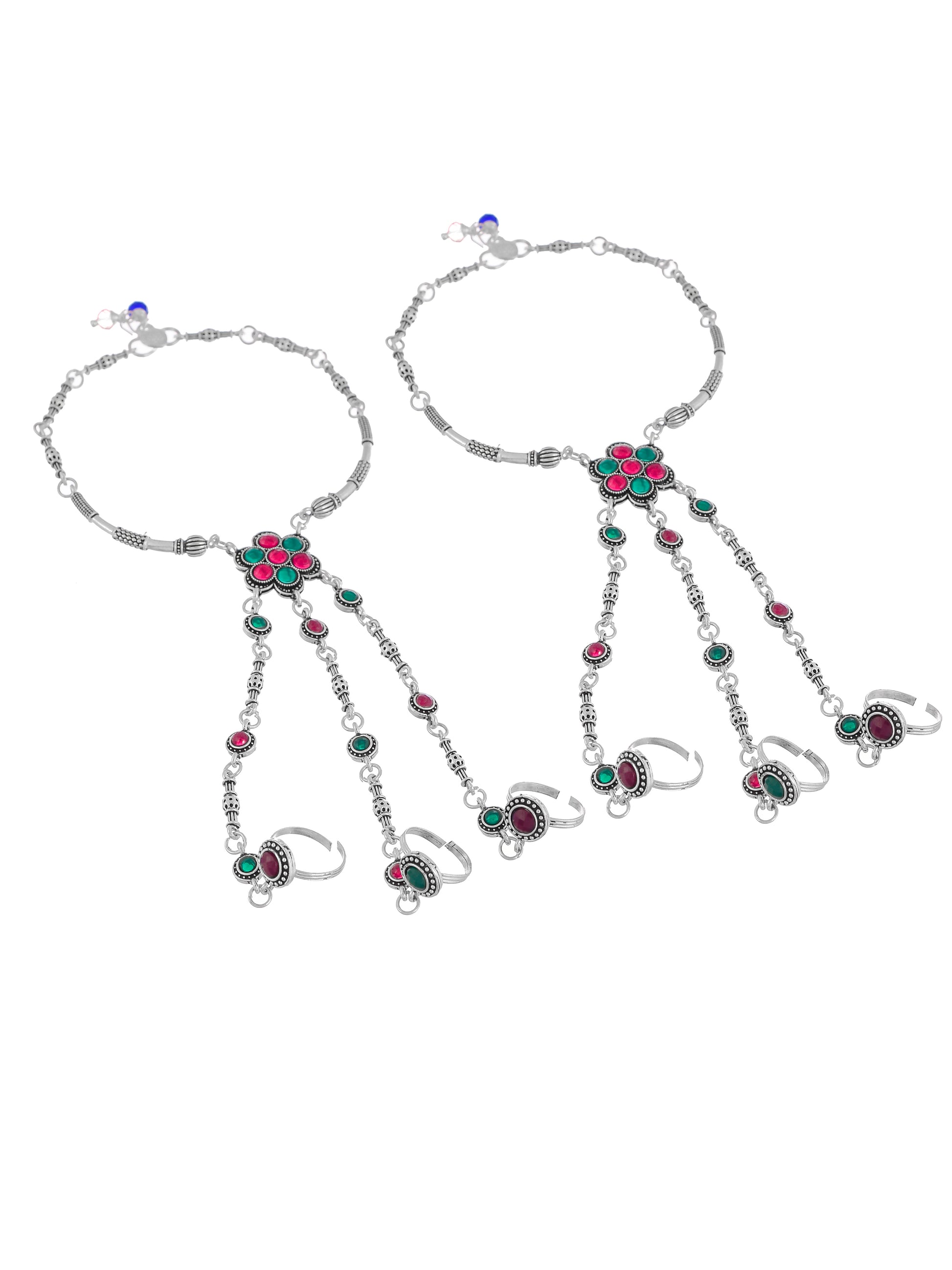 Set Of 2 Silver Plated Green Stones Studded Beaded Anklets With Triple Toe Rings