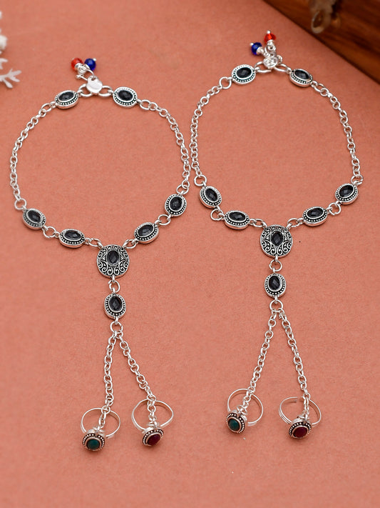 Oxidised Silver Chain Anklet With Toe Rings for Women Online