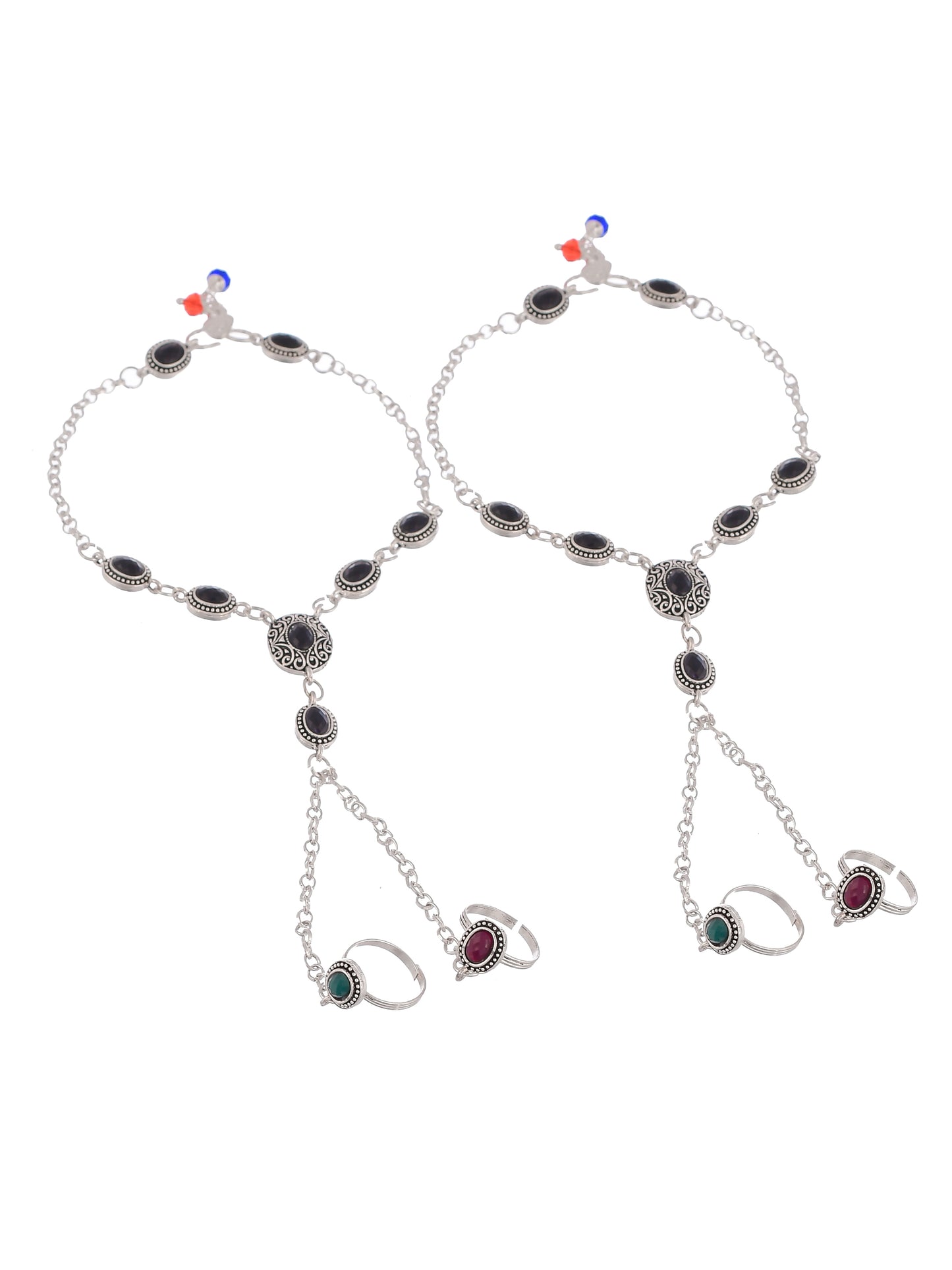 Oxidised Silver Chain Red and Green Stone Stubbed Anklet With Toe Rings