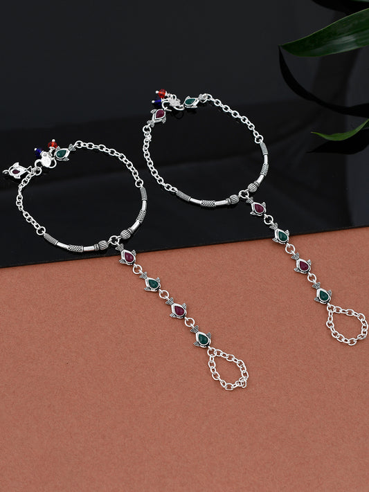Stylish & Trendy Silver Plated Green & Pink Anklets for Women Online