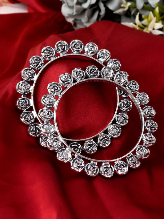 Set of 2 Silver Toned Oxidised Rose Designed Bangles for Women Online