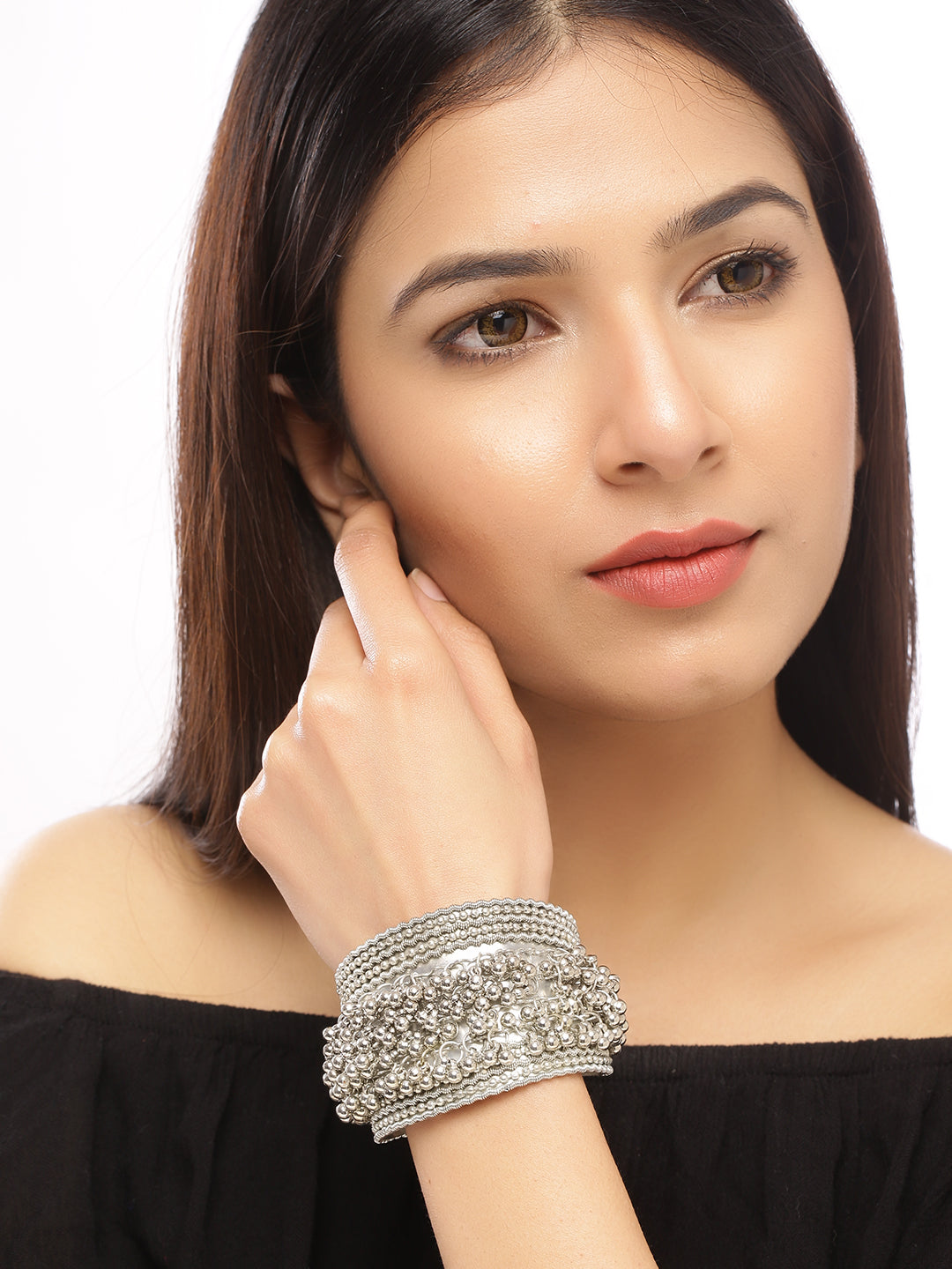 Designer Oxidized Ghungroo Cuff Bracelet For Girls silver plated bracelet