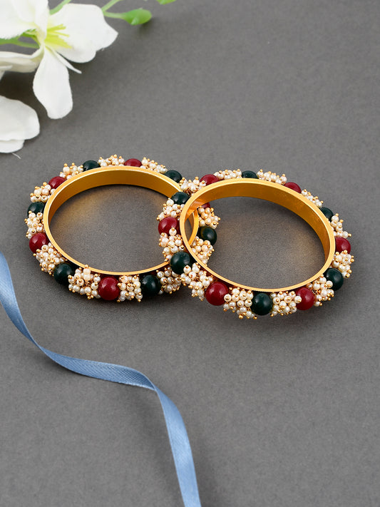 Green Red Gold Plated Pearl Set of 2 Bangles for Women Online