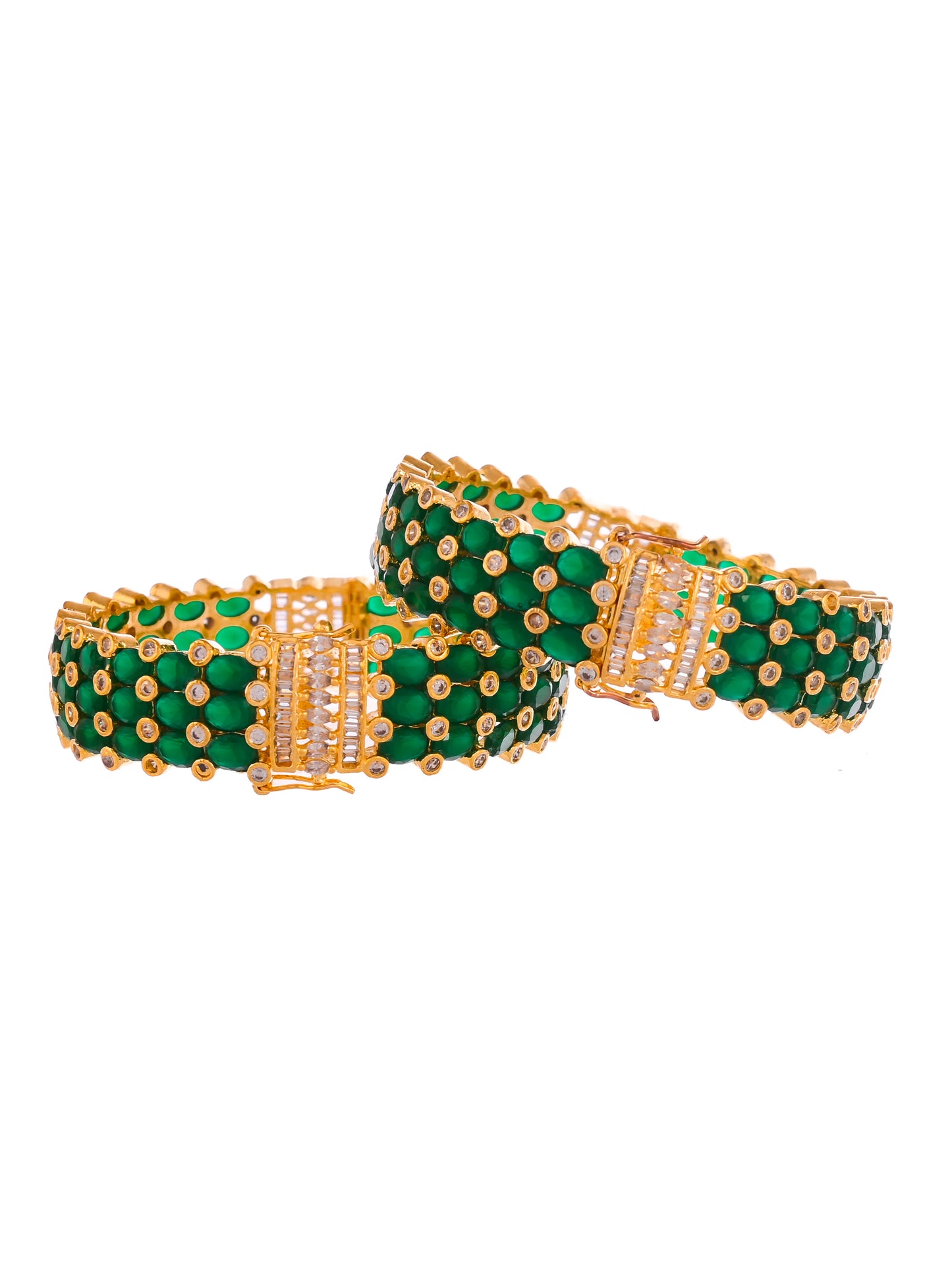 Set Of 2 Gold Plated Green Stone Studded Handcrafted Bangles