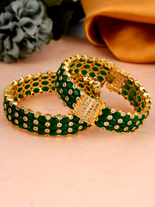 Set of 2 Gold Plated Green Stone Studded Handcrafted Bangles for Women Online