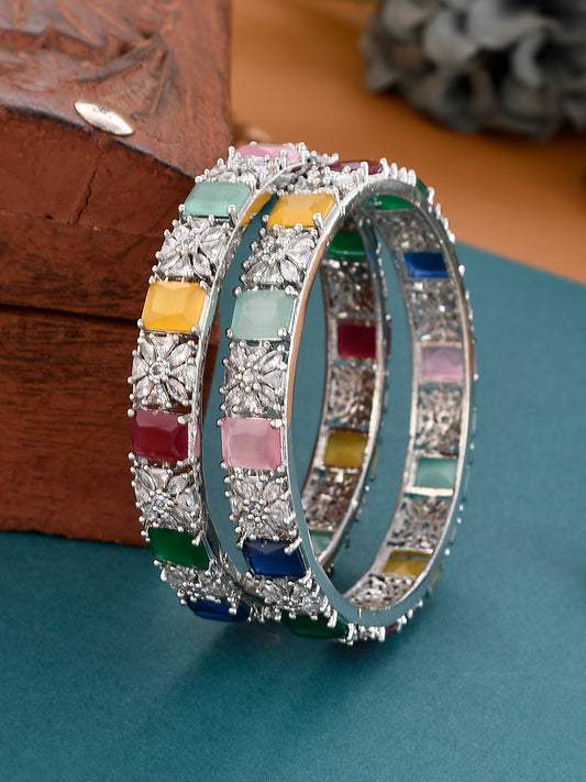 Set of 2 Silver Plated Multi American Diamond Handcrafted Bangles for Women Online