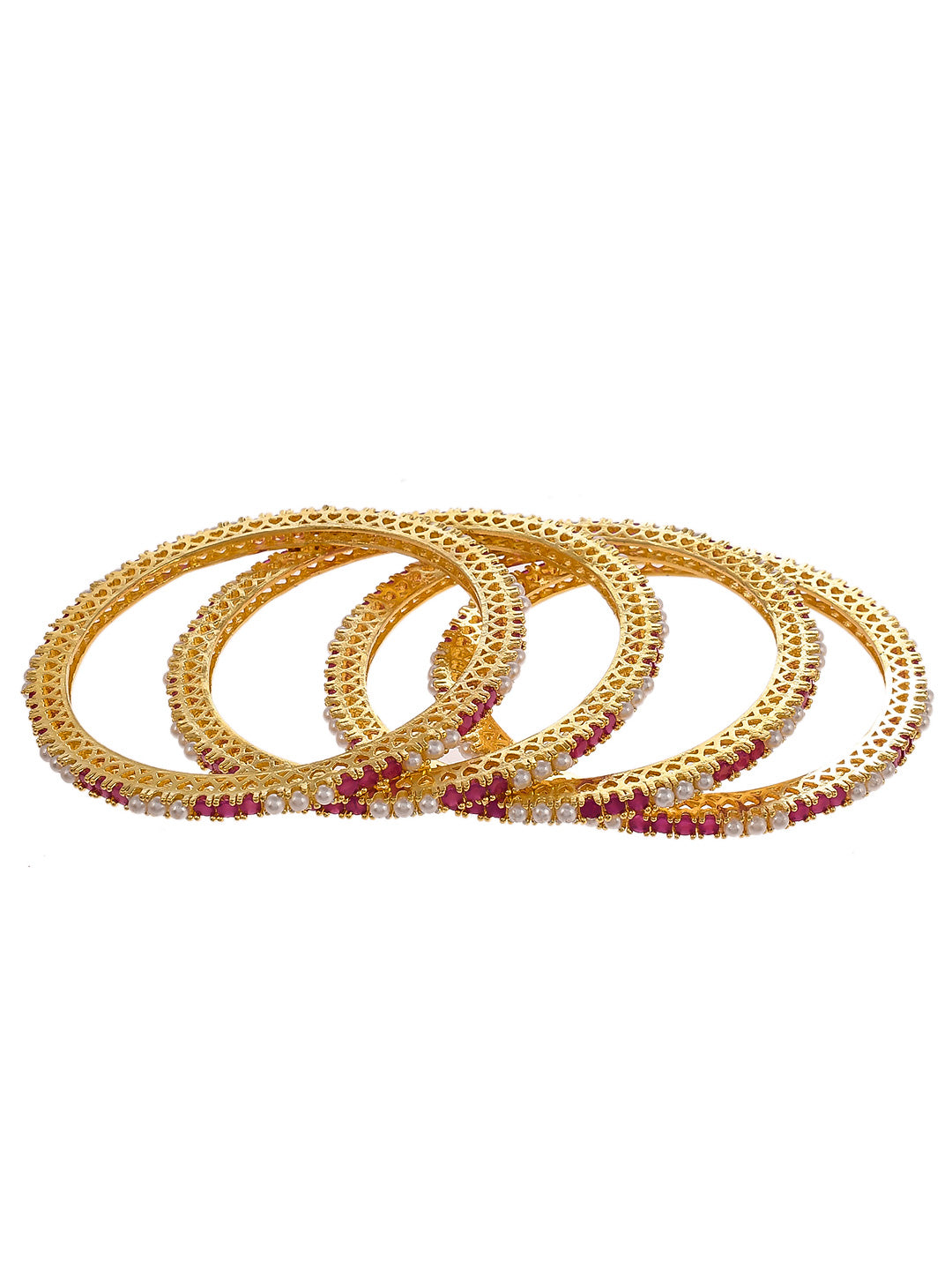 Set Of 4 Gold Plated Red Pearl Studded Handcrafted Bangles