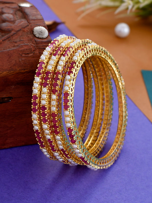 Set of 4 Gold Plated Red Pearl Handcrafted Bangles for Women Online