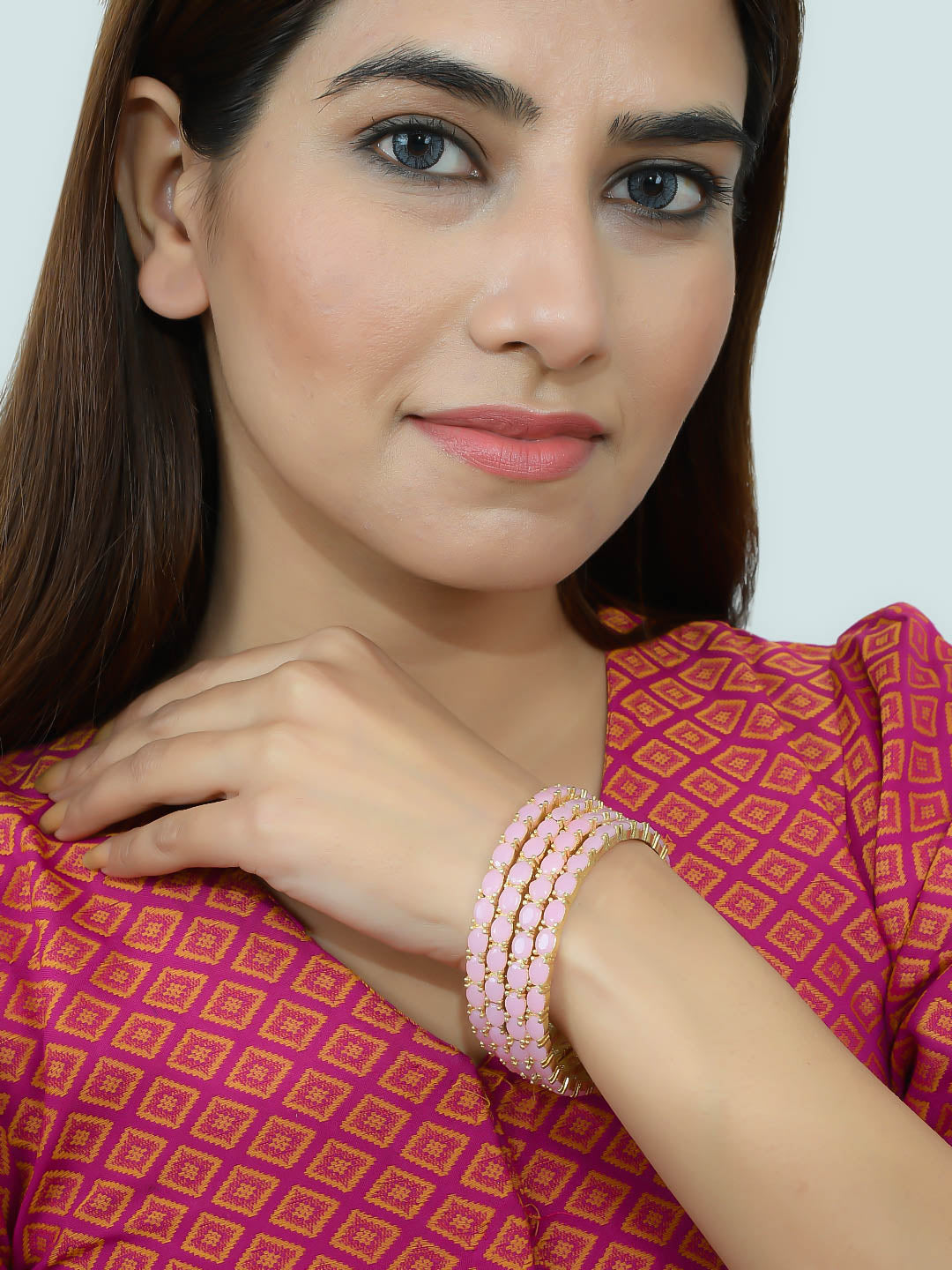 Set Of Four Gold Plated Pink American Diamond Studded Handmade Ethnic Bangle For Women