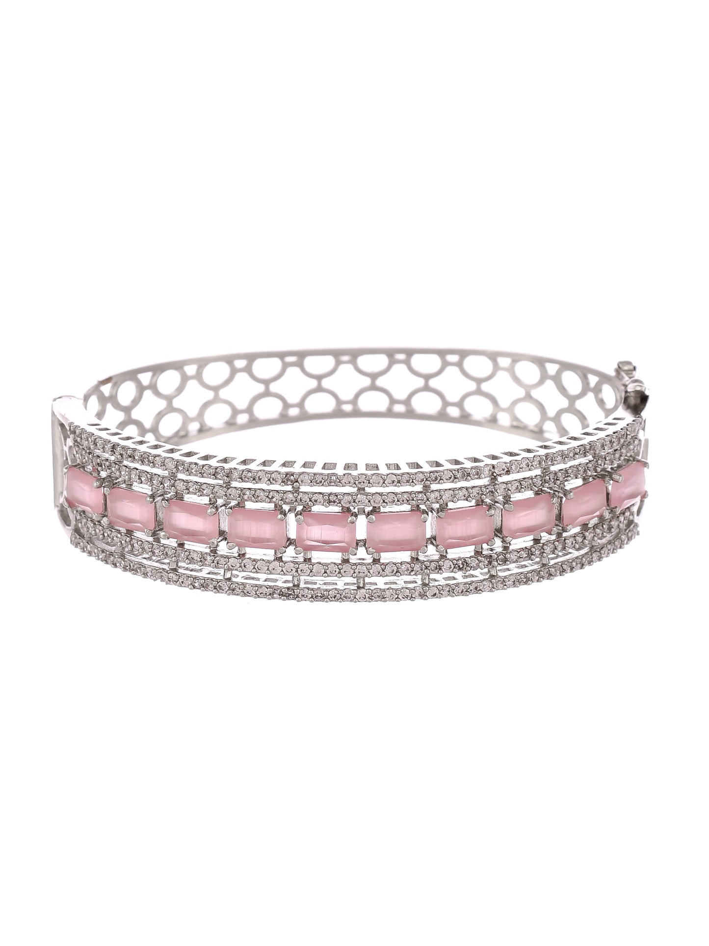 Women AD Pink Stone Bangle Style Silver Plated Bracelet