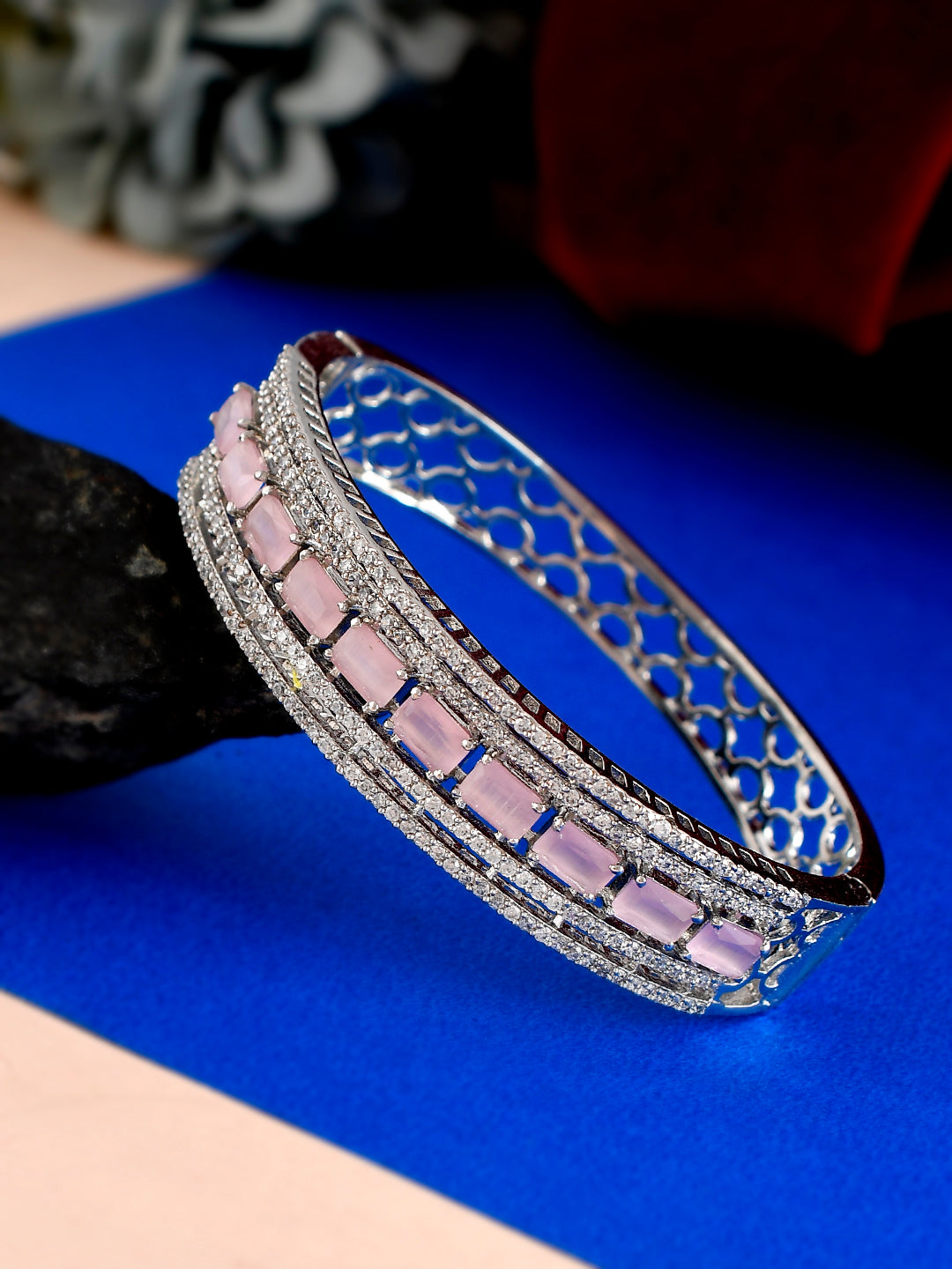 Women AD Pink Stone Bangle Style Silver Plated Bracelet