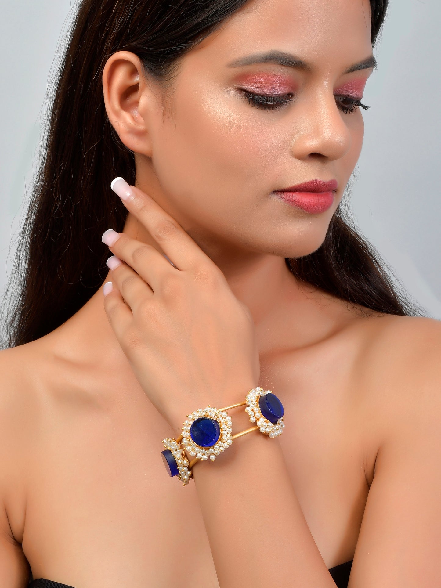 Designer Blue Stone Kada Pearl Gold Plated Bracelet