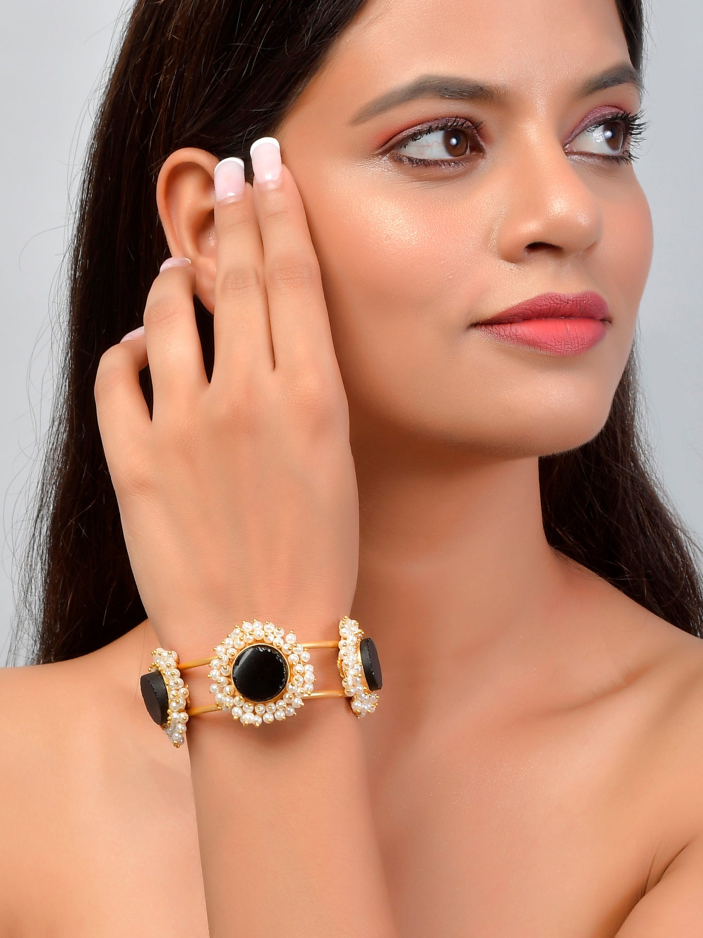 Designer Black Stone Kada Gold Plated Pearl Bracelet