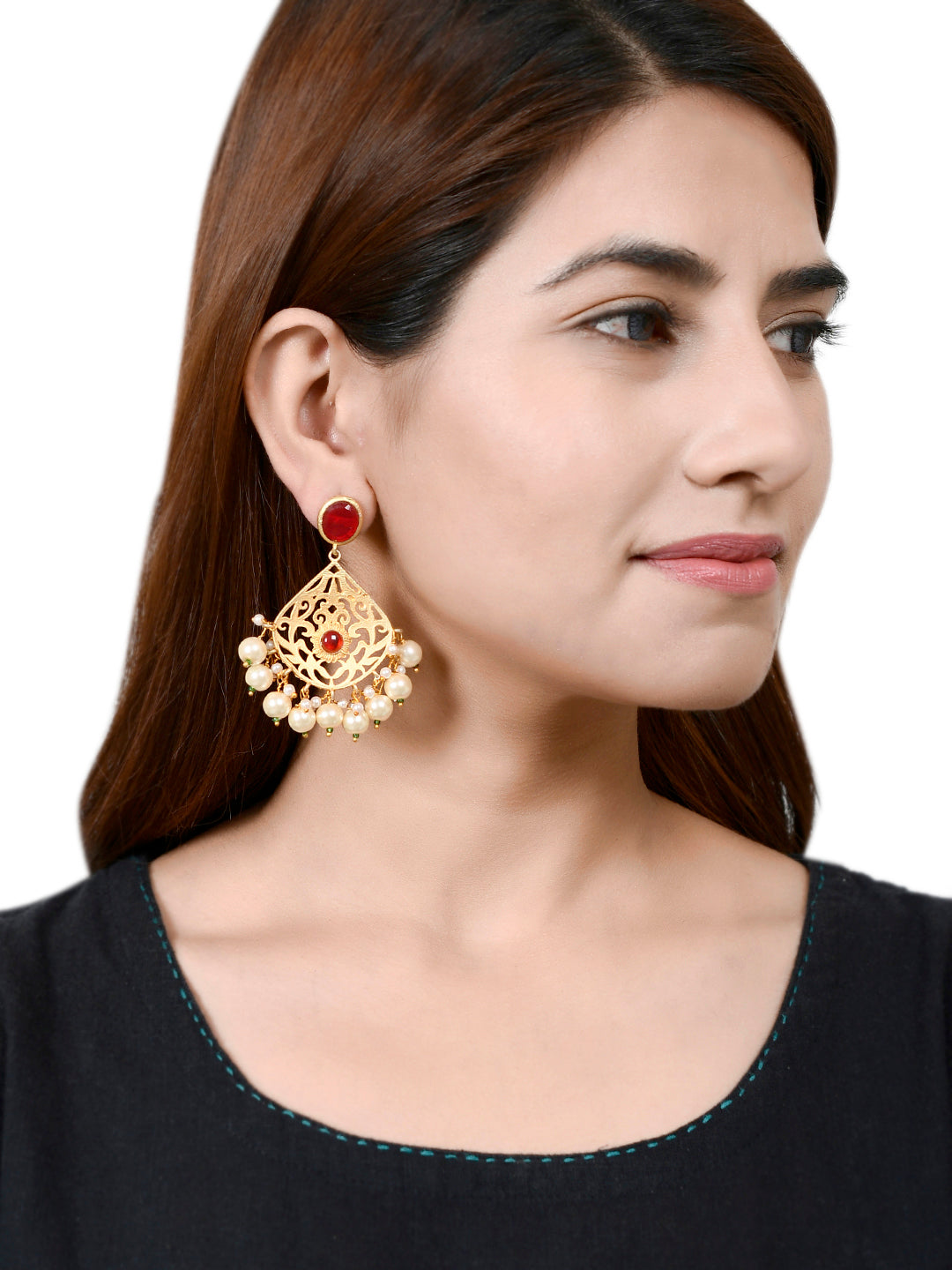 Red Gold Filigree Pankhi Traditional Drop Earrings