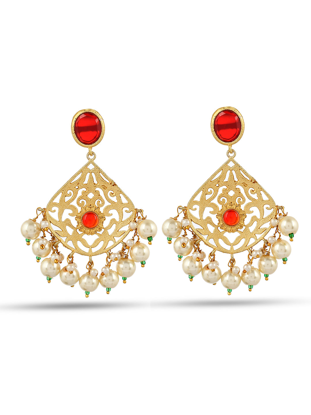 Red Gold Filigree Pankhi Traditional Drop Earrings