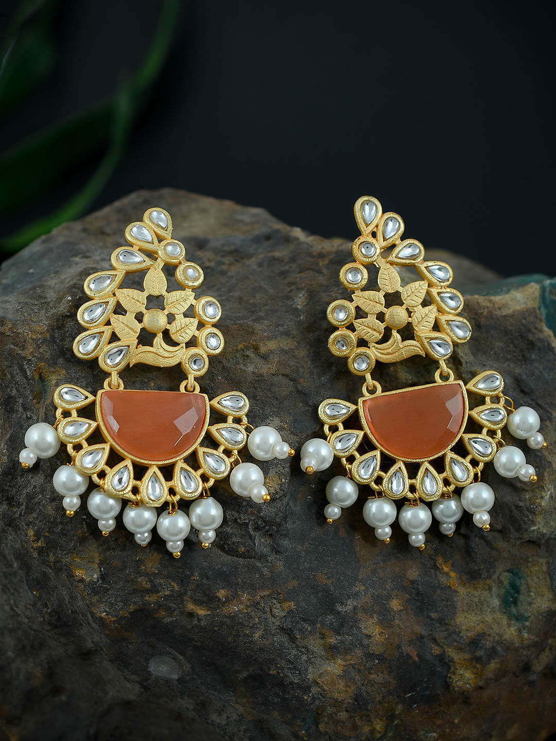 Gold Plated Traditional Ethnic Kundan Golden Orange Pearl Chandbali Earrings