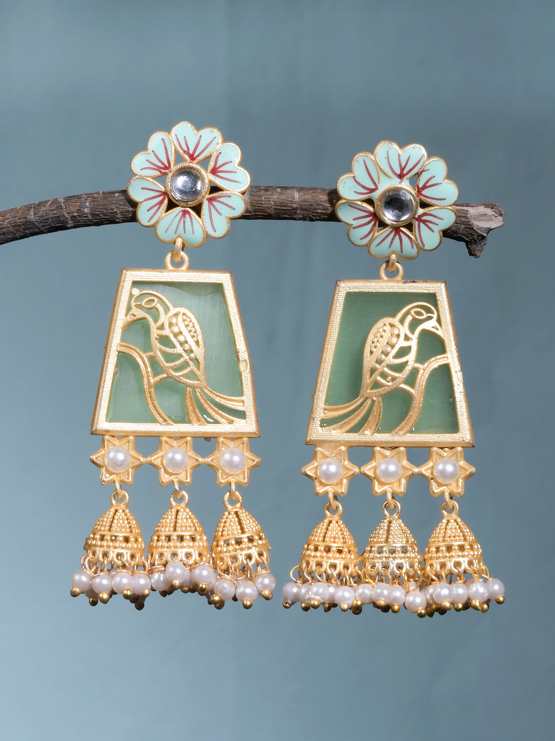 Ethnic Indian Gold Plated Pistachio Meenakari Jhumkas Earrings