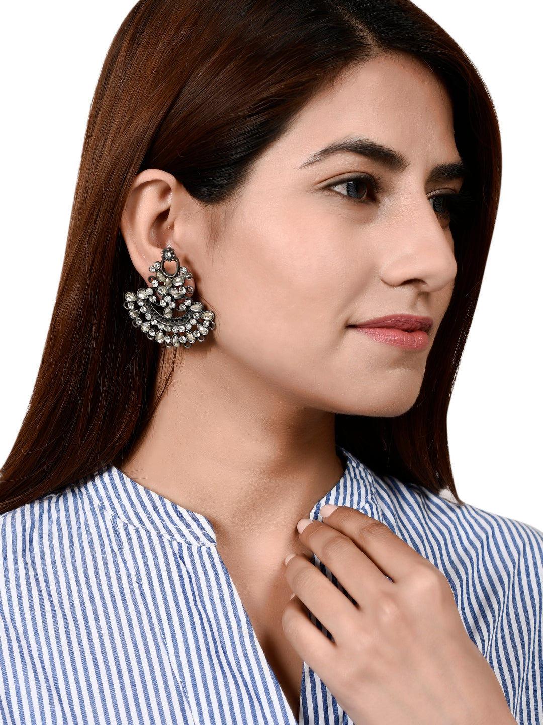 Oxidized Silver Tone Kundan Drop Earrings For Women