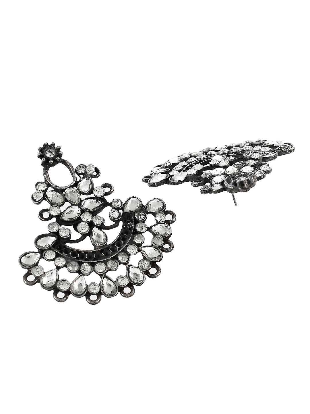 Oxidized Silver Tone Kundan Drop Earrings For Women