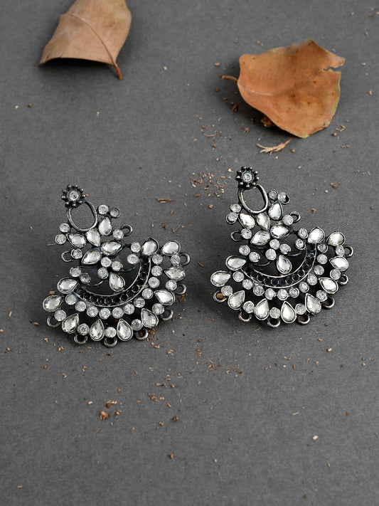 Oxidized Silver Tone Kundan Drop Earrings for Women Online