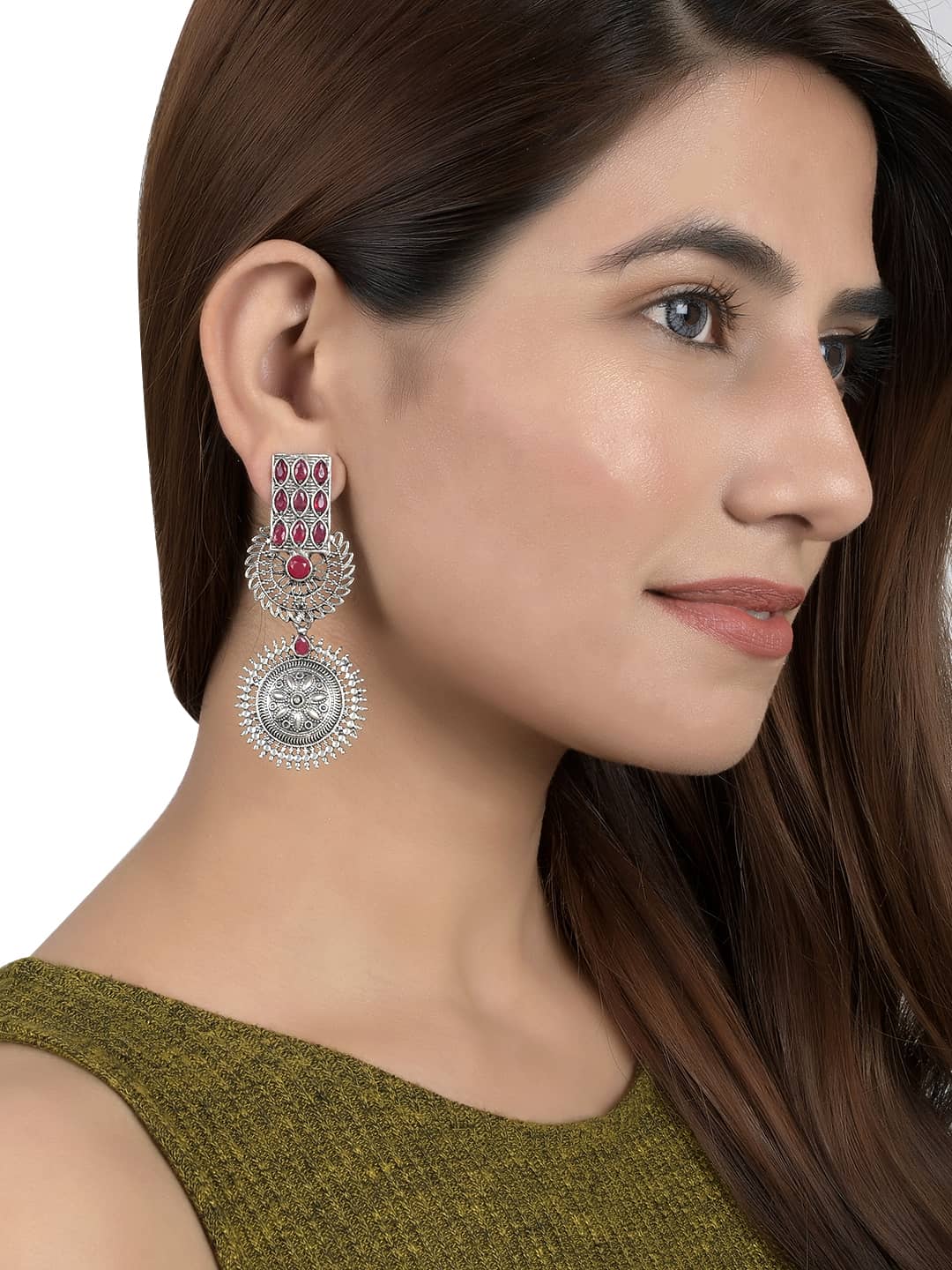 Bollywood Pink Oxidized Silver Long Dangler Drop Earrings