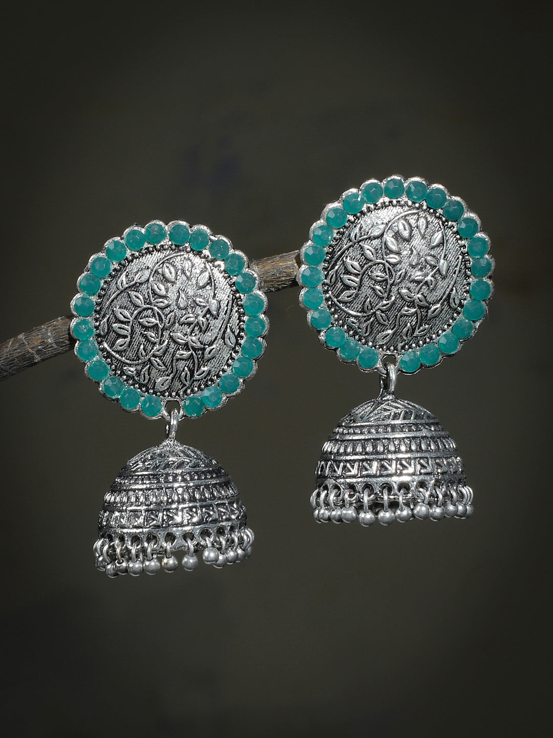 Green Oxidized Silver Jhumka Earrings for Women Online at