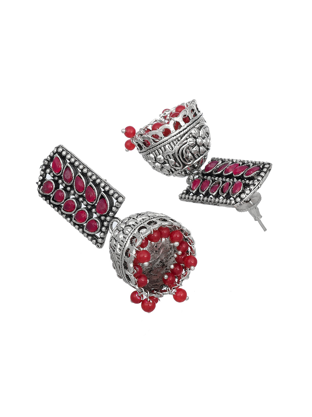 Oxidized Silver Pink And Red Beads Stubbed Jhumka Earrings
