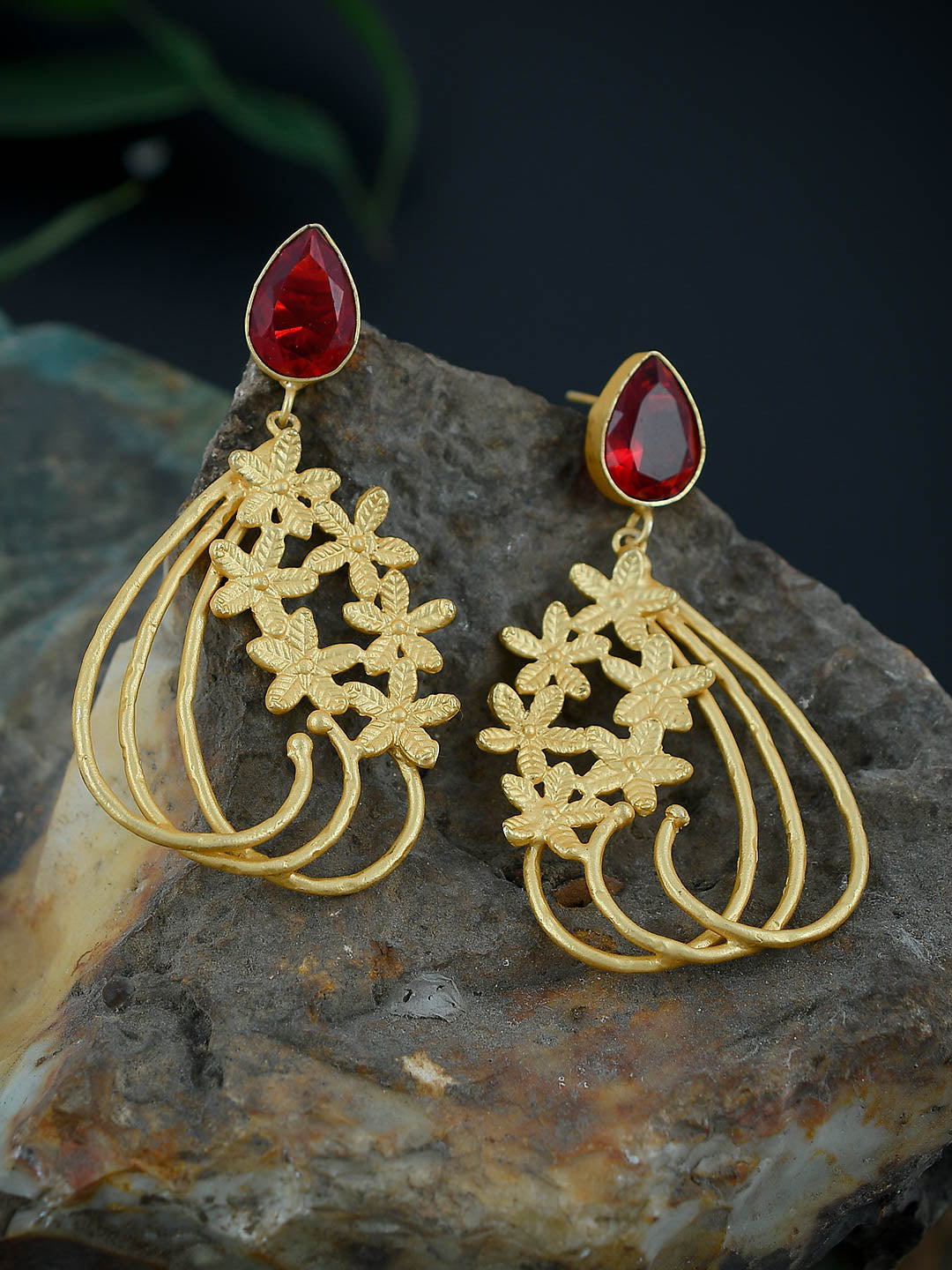 Red Golden Blossoming Flower Earrings For Girls