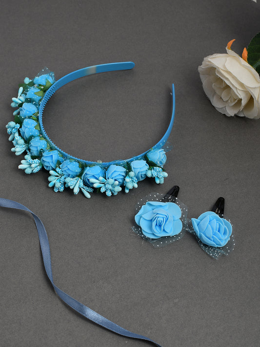 Sky Blue Flower Tiara Hairband With Tic Tac Hairpin for Women Online