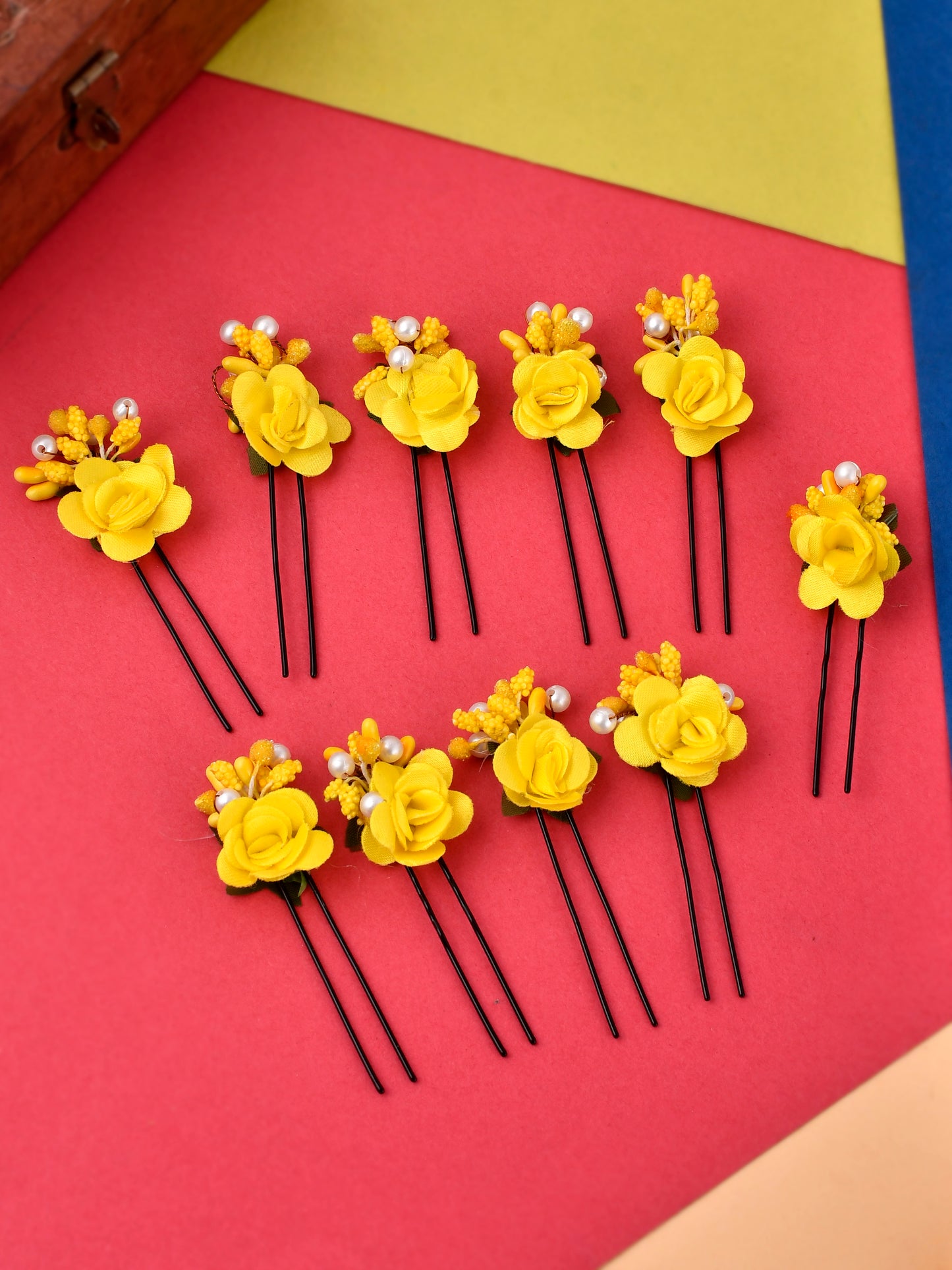Set Of 10 Women Yellow Flower Embellished Beaded U Pins