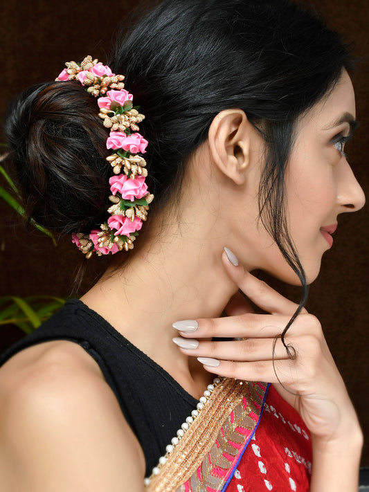 Women Pink & Gold Tone Floral Juda Beni Hair Accessory Set Online