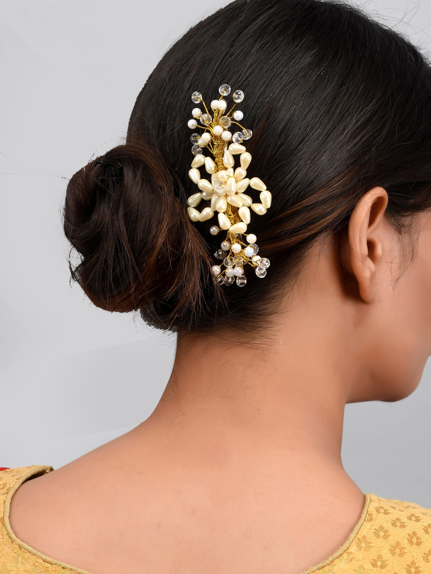 Women Orange Gold Toned Embellished Hair Comb Pin