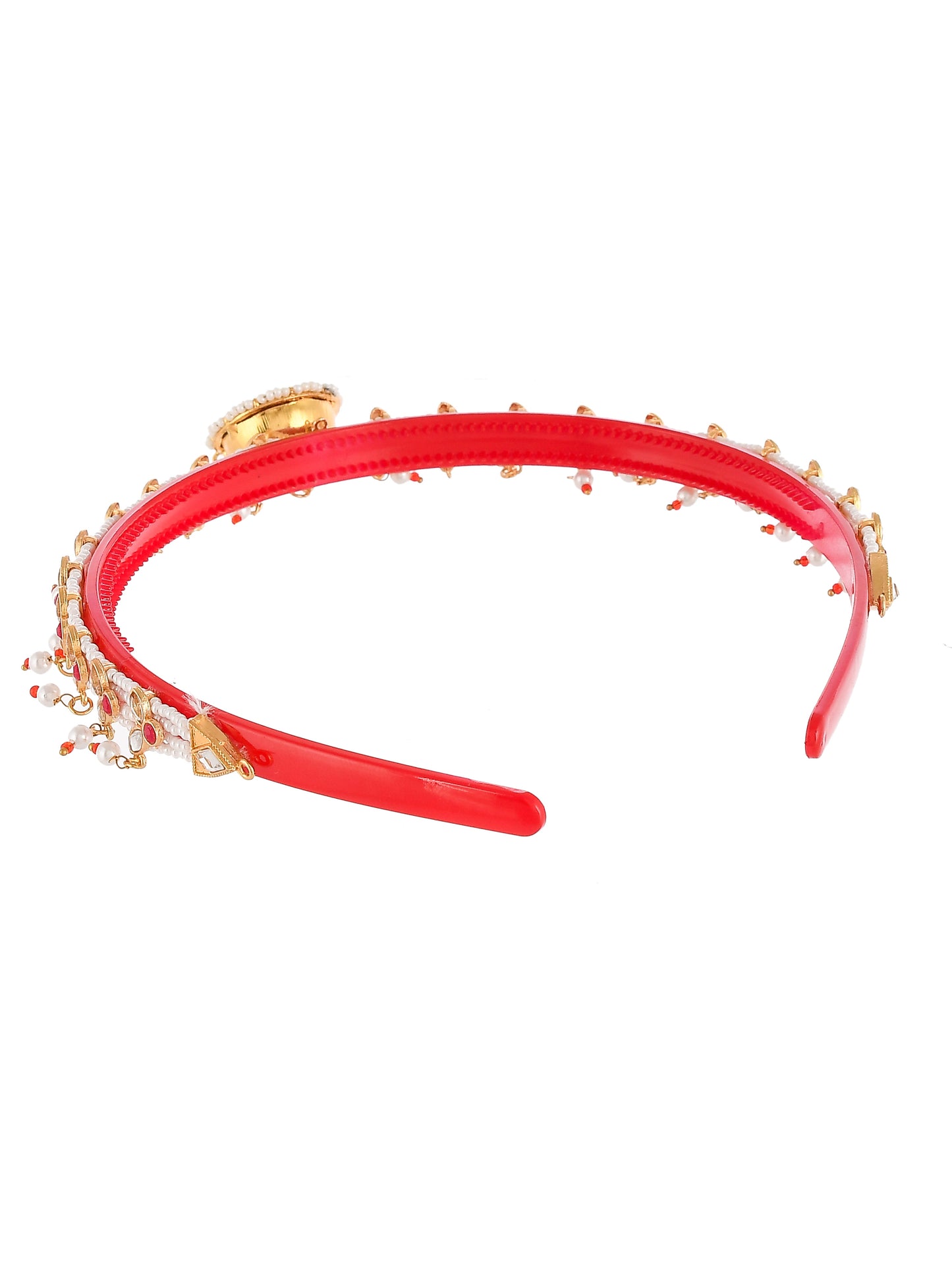 Gold Plated & Red Color Beaded Pearl Hair Band With Borla