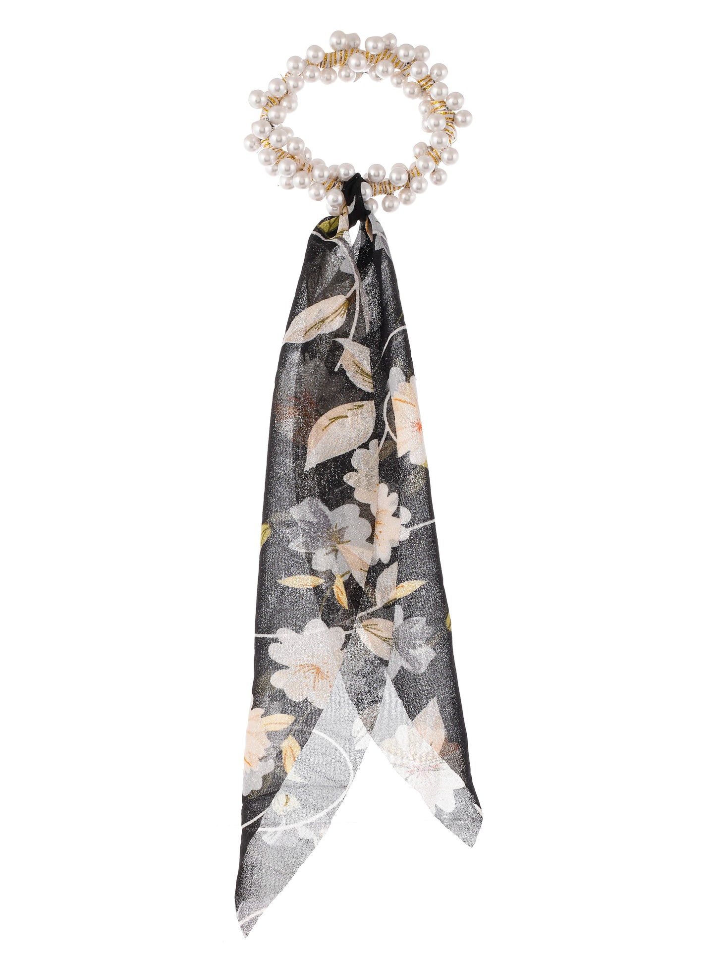 Set Of 2 Black White Pearl Beaded Printed Ponytail Holders