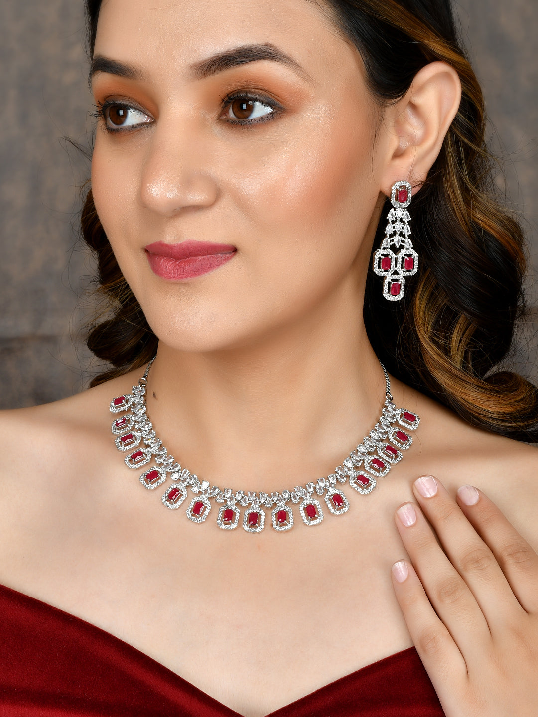 American Diamond Ruby Jewellery Set1