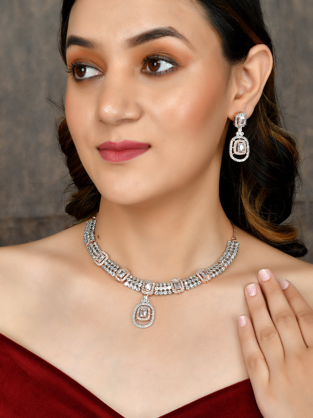 Rose Gold Silver American Diamond Jewellery Set - Main Image