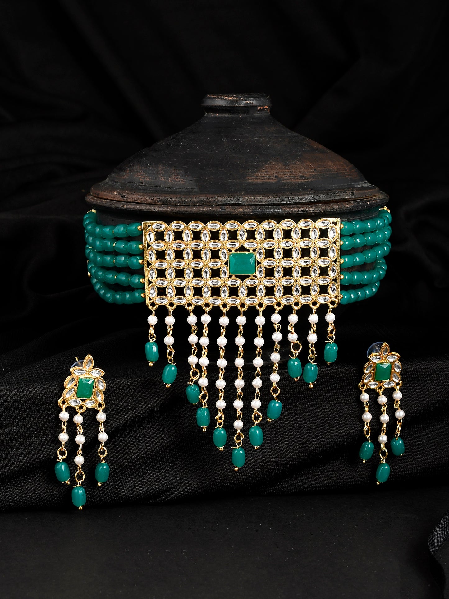 Diya Green Beads Choker Necklace Set