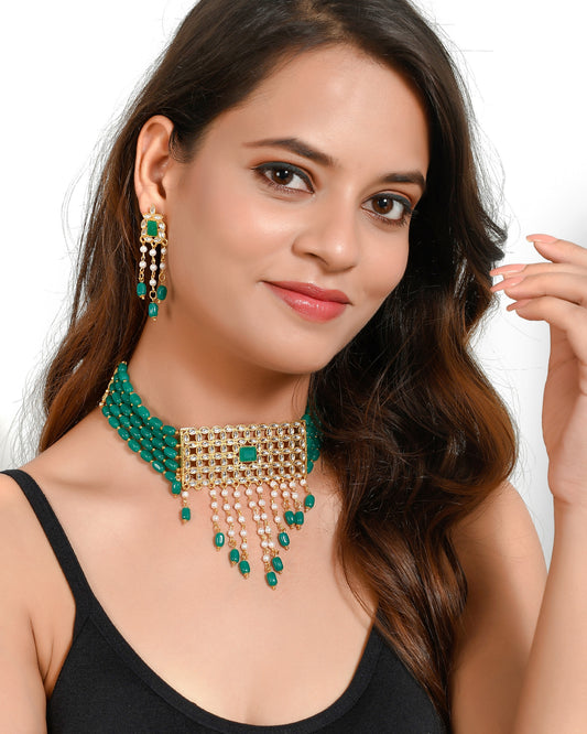 Diya Green Beads Choker Necklace Set for Women Online