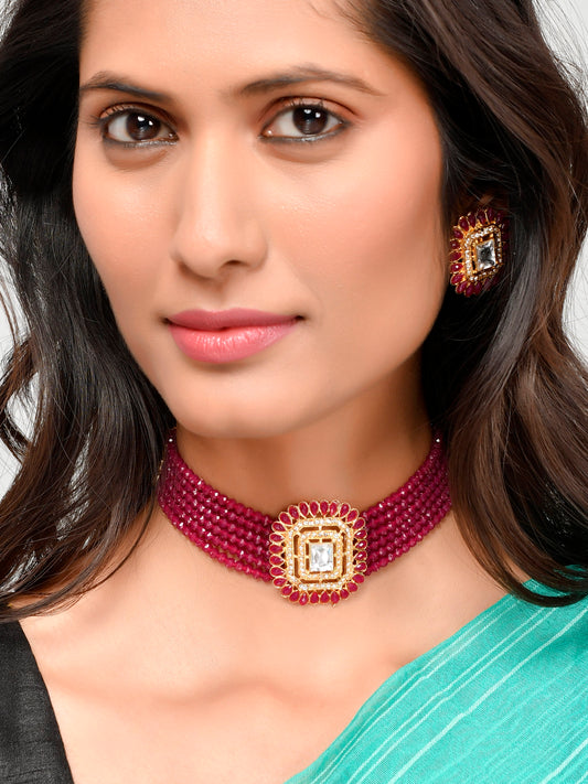 Gold Plated & Red Stone Studded Choker Ad Jewellery Sets for Women Online