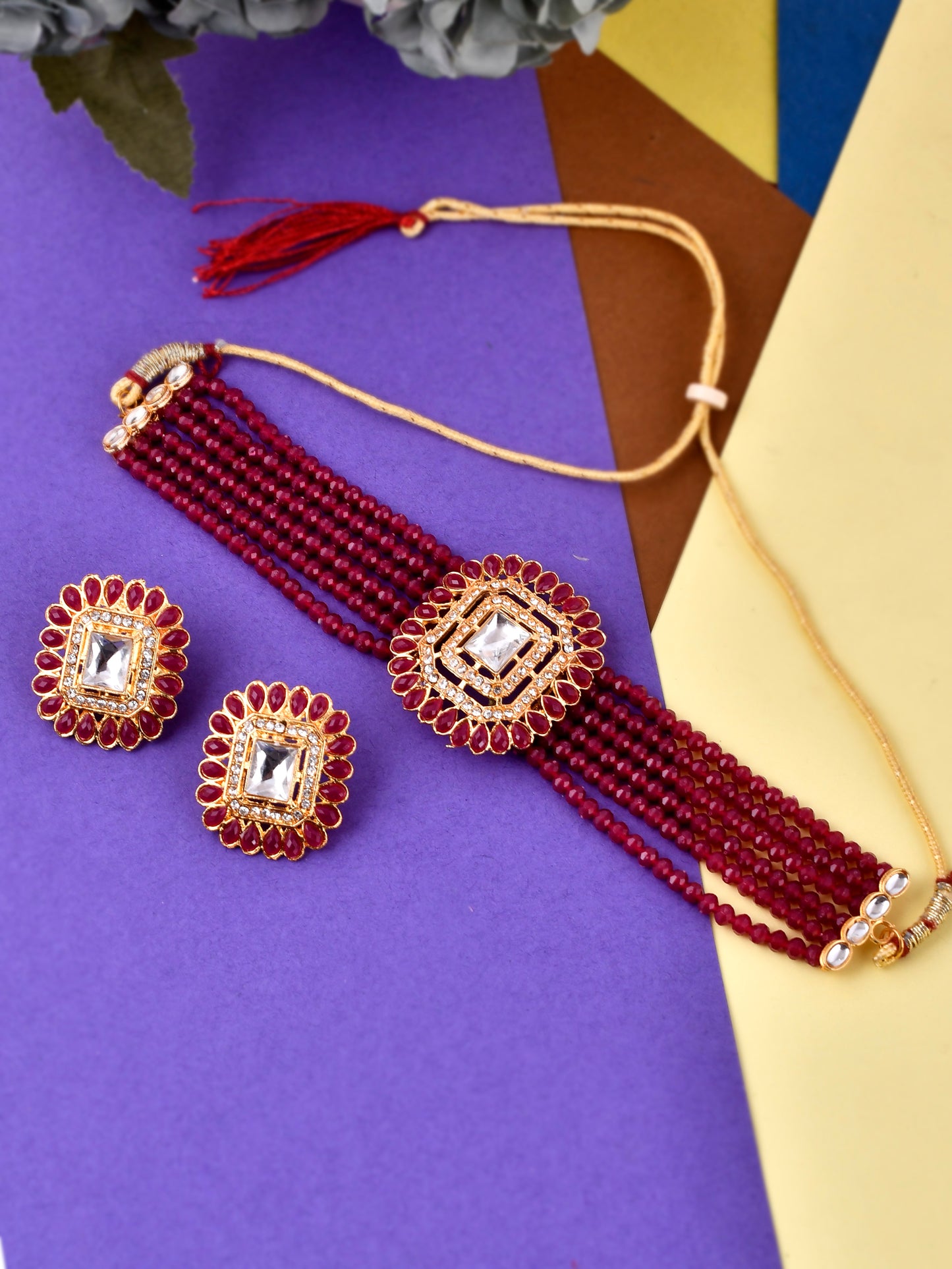 Gold Plated & Red Stone Studded Choker AD Jewellery Set