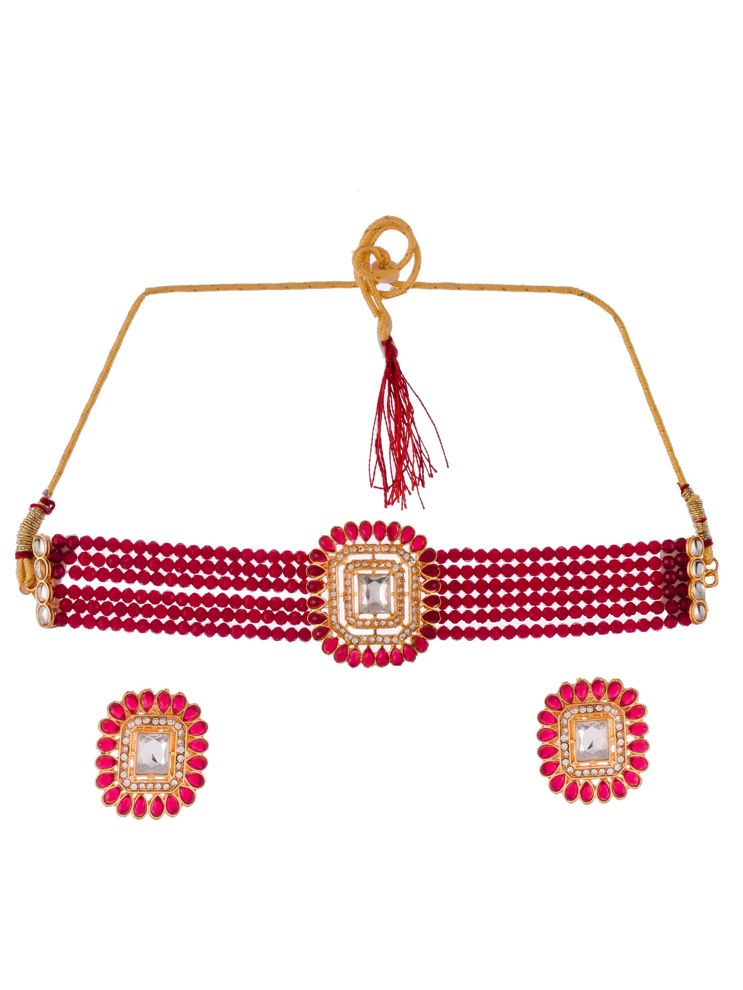 Gold Plated & Red Stone Studded Choker AD Jewellery Set