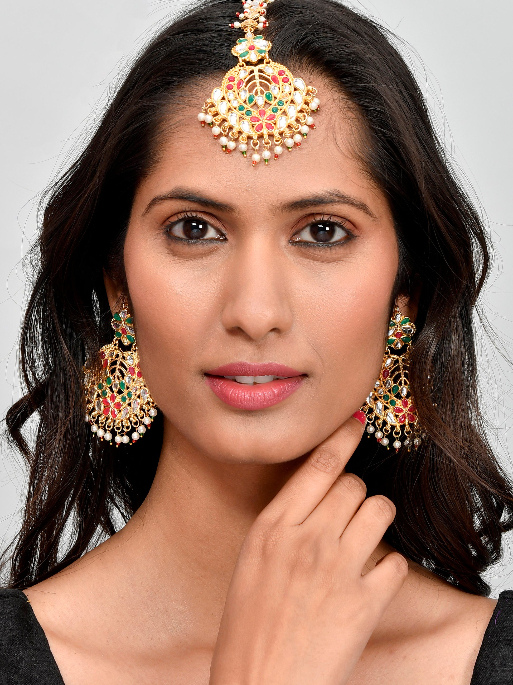 Women Gold-Plated Red & White Kundan Maang Tikka with Earrings