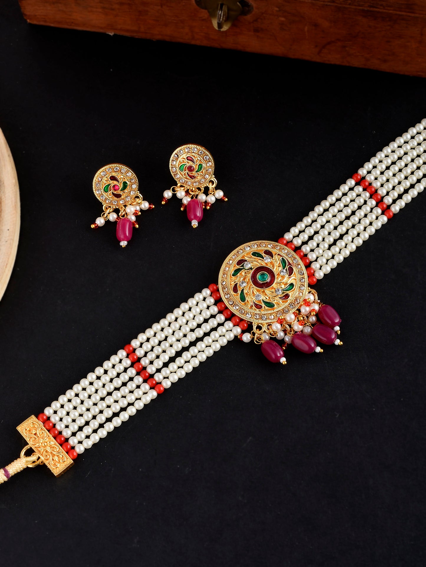 Gold Plated Pearl Beads Choker Jewelry Set
