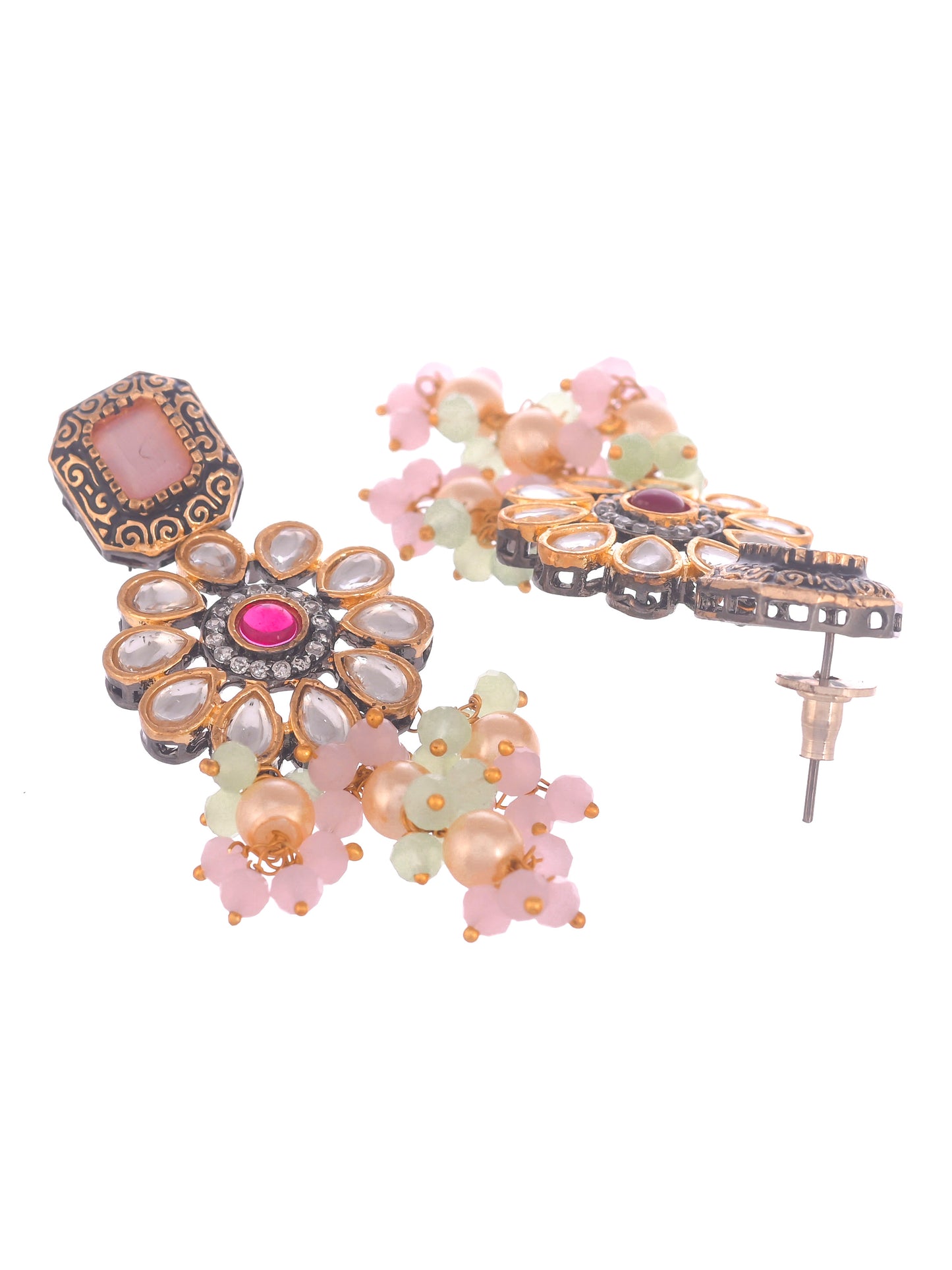 Gold Plated Green Pink Stone Studded Beaded Jewellery Set