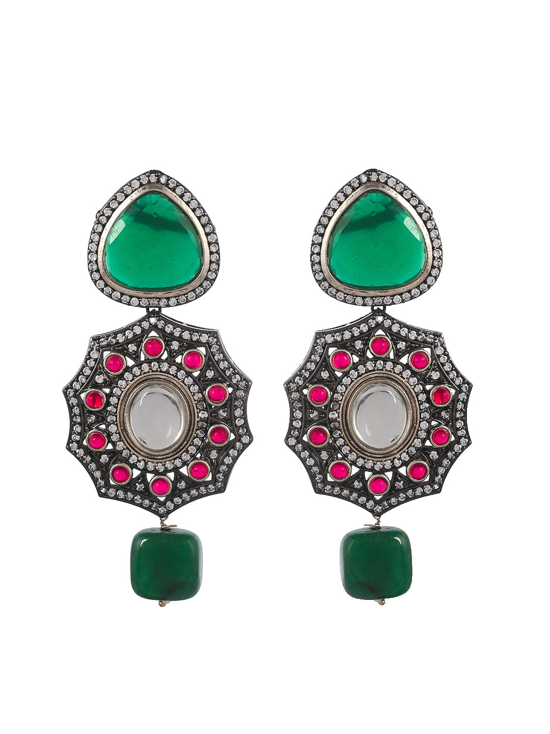 Gold Plated Green & White Artificial Stone Studded Kundan Jewellery Set