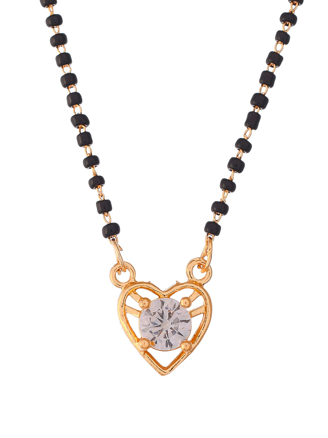 Designer Gold Plated Black Stone Studded & Beaded Heart Mangalsutra